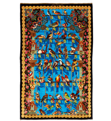 Handmade Blue Persian Qom Birds Silk Area rug